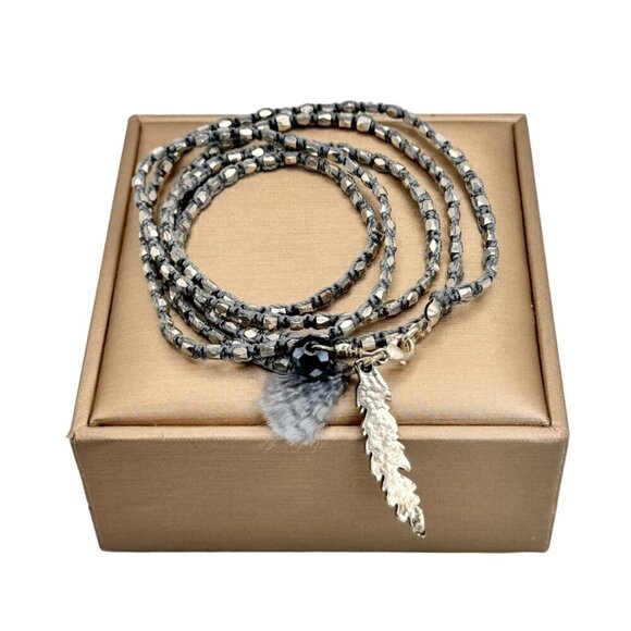 NWT Silver Beaded Braided Multi Wrap Feather Charm Bracelet - Picture 7 of 10